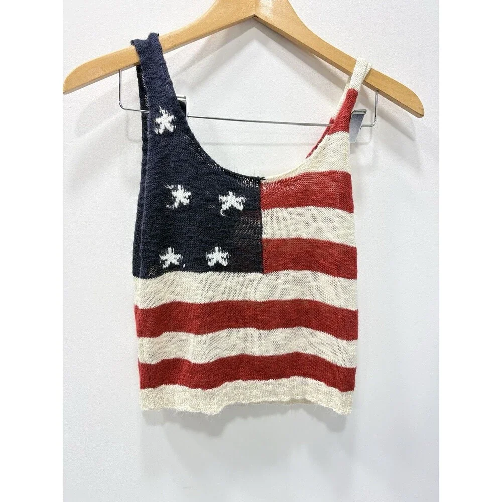 Angie American Flag Knit Tank Top Size Small- Red White and Blue Scoop Neck